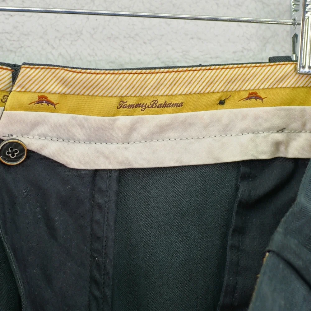 Tommy Bahama Silk Cotton Black Flat Front Herringbone Dress Pants 34/28.5 Mid Ri